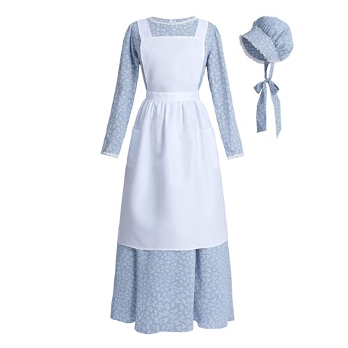 ROLECOS Pioneer Kleid Damen Blau Floral Prärie Kleider Altmodisch Amish Kolonial Pilger Kostüm 3 Stück Set XL von CR ROLECOS