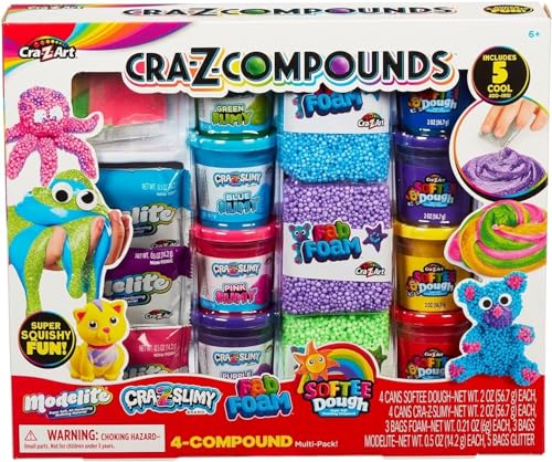 CRA-Z-Slimy Slime Compound Set Spielzeug, 4 Compound-Packungen enthält mehrere einzigartige Verbindungen. 4 Dosen Softee Dough, 4 Dosen CRA Z Slimy, 3 Beutel Fab Foam, 3 Beutel Modelite und 5 Beutel von CRA-Z-ART