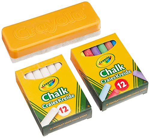 CRAYOLA – 24 Weiße und Farbige Kreide-Set für Tafel mit Schwamm, für Schule und Zuhause, 98268 von CRAYOLA