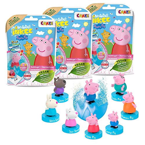 INKEE SURPRISE - 3er Set Peppa Pig Badekugeln Kinder mit Überraschung, Peppa Wutz Spielzeug für die Badewanne, mit Erdbeer-Duft von INKEE