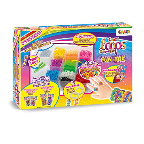 CRAZE Loops FUN Box | Loom Bänder Set mit 800 Gummibänder, Verschlüsse und Helfer - Halsketten, Ringe und Armbänder selber machen von CRAZE loops