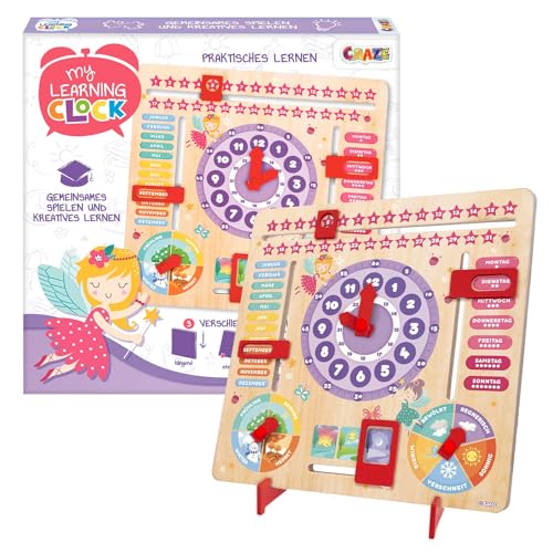 CRAZE My Learning Clock Princess - Lernuhr für Kinder aus Holz, Kalenderuhr zum Lernen für Kinder, Lerntafel Uhr Jahreszeiten Wanduhr, Lila von CRAZE