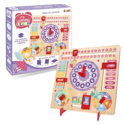 CRAZE My Learning Clock Princess ENGLISCHE SPRACHE - Lernuhr Kinder Holz, Kalenderuhr zum Lernen für Kinder, Lerntafel Uhr Jahreszeiten Wanduhr von CRAZE