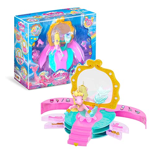 GALUPY Mermaid Beauty Salon - Faltbares Spielset mit 1x Einhorn Figur mit Meerjungfrauenflosse, Spiegel, Schubladen & Blumendrehstuhl von Galupy