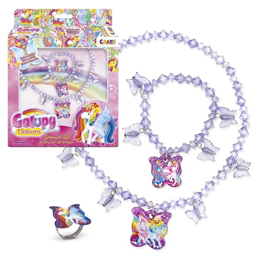 CRAZE GALUPY UNICORN Kinder Schmuck Set Mädchen mit 1 Halskette, 1 Armband & 1 Ring in rosa oder lila – Einhorn Kinderschmuck Mädchen ab 4 Jahre von CRAZE