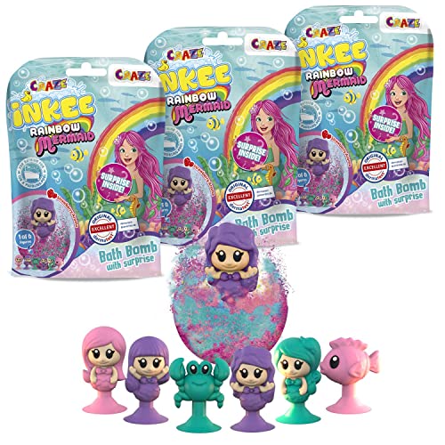 INKEE SURPRISE MERMAID 3er Set Kinder Badebomben mit Überraschung, 3x Magische Badekugeln mit Meerjungfrauen Spielfiguren im Inneren, Erdbeerduft von INKEE