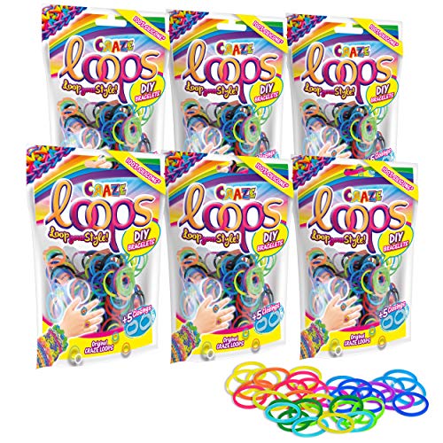 CRAZE LOOPS BAG 100 6er Set - Loom Bänder 6x 100 Foilbag & 30 Verschlüsse , Farbmix, 100% hautfreundliches Silikon von CRAZE loops