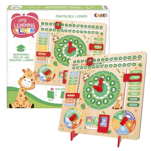 CRAZE My Learning Clock Animals – Lernuhr für Kinder aus Holz, Kalenderuhr zum Lernen für Kinder , Lerntafel Uhr Jahreszeiten Wanduhr, grün von CRAZE