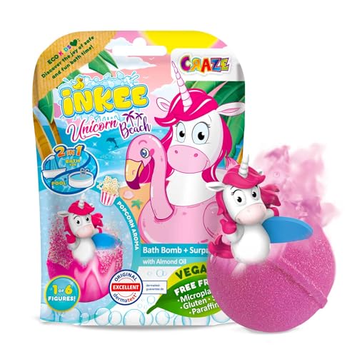 INKEE SURPRISE UNICORN BEACH | Einhorn Badekugel mit Überraschung, Badebombe mit Einhornfigur, Pop Corn Aroma, dermatologisch getestet, 1 Stück (1er Pack) von INKEE