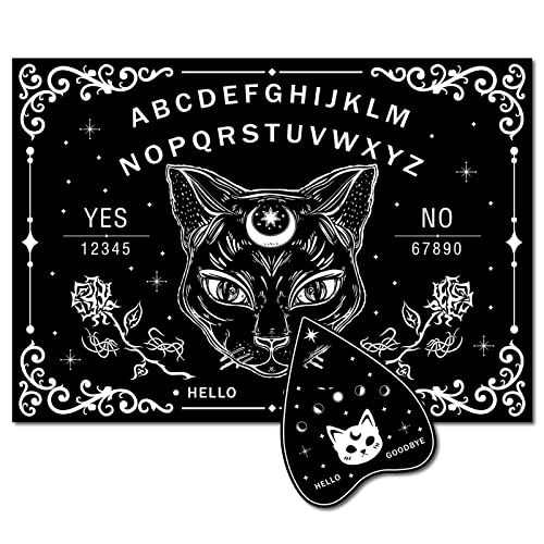 CREATCABIN Geisterbrett Aus Holz Mit Schwarzer Katze Sprechendes Ouija-Brett Pendelbrett Aus Holz Mit Planchette Wünschelrute Wahrsagen Spielset Geisterjagd Dekoration Hexenzeug Für Wicca 30 x 21cm von CREATCABIN