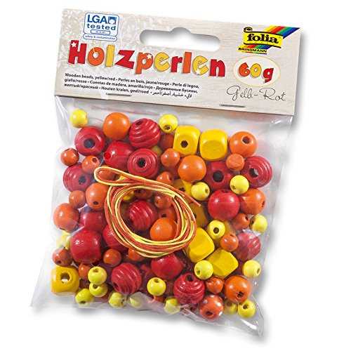 CREATIV DISCOUNT ® Holzperlen Mix mit Bändern, gelb/rot, 60 g von CREATIV DISCOUNT