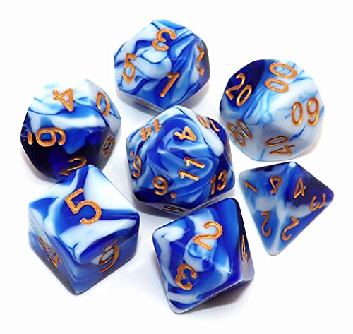 CREEBUY Polyedrisches Würfelset für Dungeon and Dragons, COC, Rollenspiele, Tischspiele, 7-teiliges Würfel-Set, mit Würfelbeutel, Blau mit Weiß von CREEBUY