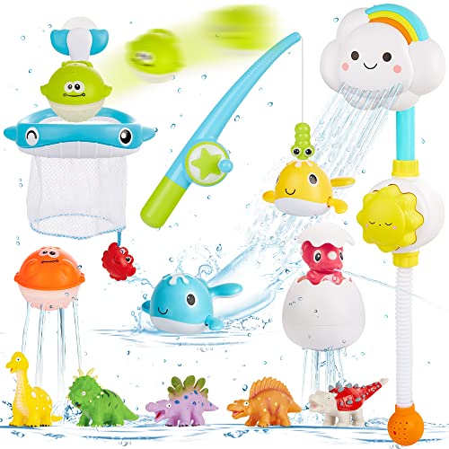 Badewannenspielzeug ab 3 Jahre mit Aufbewahrungstasche, CRIOLPO Badespielzeug Badewannen Spielzeug Wasserspielzeug Kinder mit Dusche, Wind-up No-Mold Dinosaurier Angelspiel, Geschenk Mädchen Junge von CRIOLPO