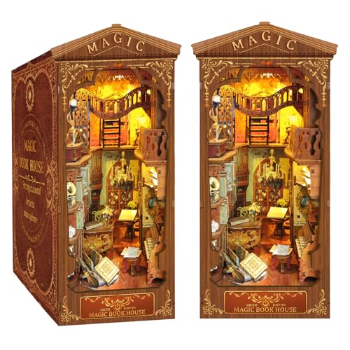 CRIOLPO Book Nook Kit-DIY Puppenhaus Holz Miniatur Haus Kit, Buch Ecke Miniatur Kit für Erwachsene Teens, 3D Holzpuzzle Bücherecke Bücherregaleinsatz Kits mit Sensor Led Licht (Magic Book House) von CRIOLPO