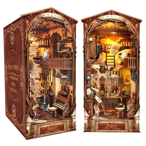 CRIOLPO Book Nook Kit-DIY Puppenhaus Holz Miniatur Haus Kit, Buch Ecke Miniatur Kit für Erwachsene Teens, 3D Holzpuzzle Bücherecke Bücherregaleinsatz Kits mit Sensor Led Licht von CRIOLPO