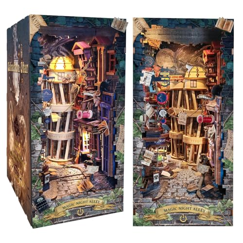 CRIOLPO Book Nook Kit-DIY Puppenhaus Holz Miniatur Haus Kit, Buch Ecke Miniatur Kit für Erwachsene Teens, 3D Holzpuzzle Bücherecke Bücherregaleinsatz Kits mit Sensor Led Licht von CRIOLPO