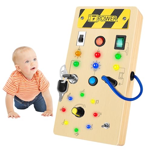 CRIOLPO Busy Board Montessori Spielzeug ab 1 2 3 Jahre, Activity Board Holzspielzeug LED Kinderspielzeug Motorikspielzeug Lernspielzeug mit 8 LED, Geschenk für Babys Jungen MäDch von CRIOLPO