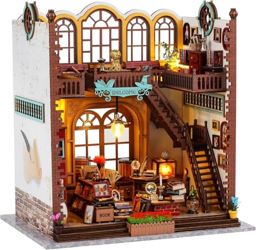 CRIOLPO DIY Tinyatur Puppenhaus Bausatz, Bezauberndes Magic Book Store Book Nook Kit, DIY hölzernes Tinyatur Haus Kit, Tiny-Bibliothekshaus im Maßstab 1:24, mit Möbeln - Magisches Arbeitszimmer von CRIOLPO