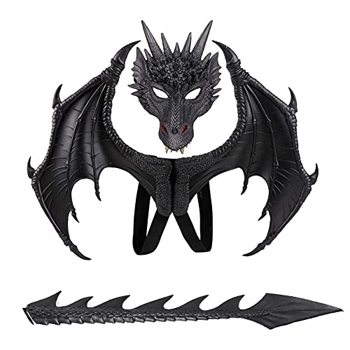 CRTEPST Drachen-Kostüm für Kinder Jungen Mädchen, Drachenflügel-Schwanz-Masken-Set, Halloween-Dinosaurier-Cosplay-Set für Kinder (Schwarz) von CRTEPST