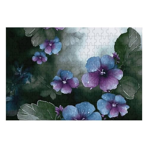 200-teiliges Puzzle für Erwachsene und Familien, herausforderndes Puzzle für Spieleabende, blaue, violette Blumen und grüne Blätter, personalisierbare Holzpuzzleteile, 35 x 24 cm, Bilderpuzzle von CSGJMYGS