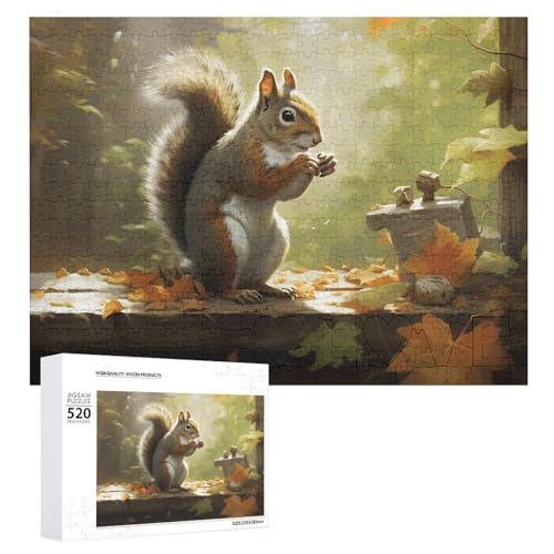 520-teiliges Puzzle für Erwachsene und Familien, herausforderndes Puzzle für Spieleabende, Eichhörnchen isst Nüsse, personalisierbar, Holzpuzzleteile, 51,8 x 38,1 cm von CSGJMYGS