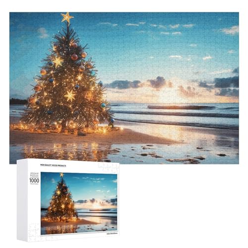 Puzzle für Erwachsene, herausforderndes Puzzle für Spielabende, Weihnachtsbaum am Strand, personalisierbar, Holzpuzzleteile für Familiendekoration, 1000 Teile von CSGJMYGS