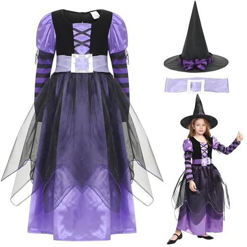 CSWQYM Halloween Kostüm Kinder Mädchen L,Hexen Kostüm Kinder,Hexenkostüm Mädchen, Hexenkostüm Kinder Mädchen,Halloween Karneval Party Kleid mit Hut Kleid,Hexenhut,Zauberer,Mottoparty, Karneval von CSWQYM