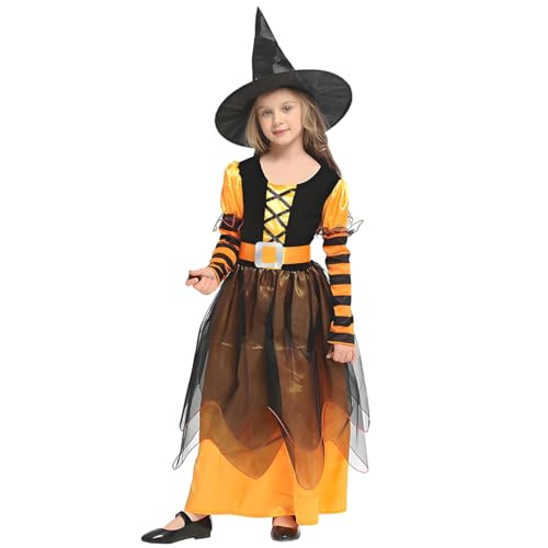 CSWQYM Hexe Kinderkostüm,Hexenkostüm Mädchen,Kinder Langarm Hexenkleid,Mädchen Hexenkostüm Kleid Kostüm,Halloween Kostüm Kinder,Hexen Kostüme für Halloween, Karneval, Cosplay Party,Gelb L von CSWQYM