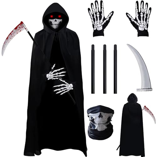 Halloween Kostüm,Sensenmann Kostüm,Halloween Kostüme Umhang,Totenkopf Maske,mit Handschuhe Sense,Halloween Kostüm Gruselig,Kostüm Erwachsene Unisex,Halloween Skelett,für Karneval,Cosplay,Mottoparty von CSWQYM