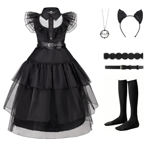 CSYQIYUE Schwarzes Kostüm für Mädchen, Halloween-Kostüme, Cosplay, Party, Verkleiden mit Zubehör (schwarz, 130 (7–8 Jahre)) von CSYQIYUE