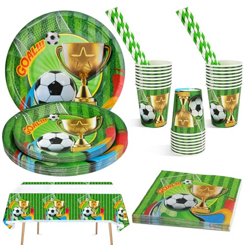 CSYY 101 Stück Fußball Partygeschirr Set, Fußball Deko für Fußball-Liebhaber Fußball Pappteller Becher Strohhalme Tischdecke für Kindergeburtstag für 20 Personen von CSYY