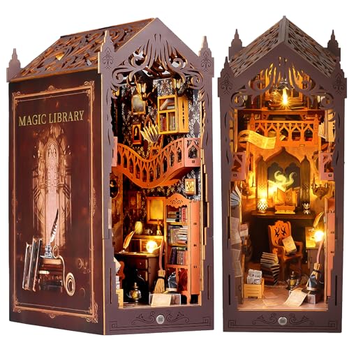 CSYY Book Nook DIY Kit, Magische Bibliothek DIY Puppenhaus Miniatur Haus Selber Baue Bausatz mit Staubschutzhülle und LED Licht von CSYY