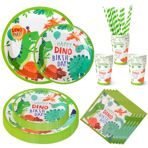 Partygeschirr Kindergeburtstag, 120 PCS Teiliges Dinosaurier Geburtstags Geschirr Set für 24 Gäste Bunt Pappteller Pappbecher Servietten Strohhalme von CSYY