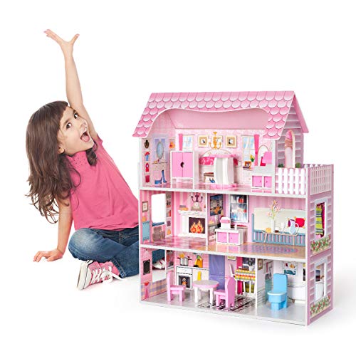 Rosafarbenes Puppenhaus-Spielset aus Holz mit Möbeln und Zubehör, Traumhaus-Spielzeugset, 3+ von CUANBOZAM