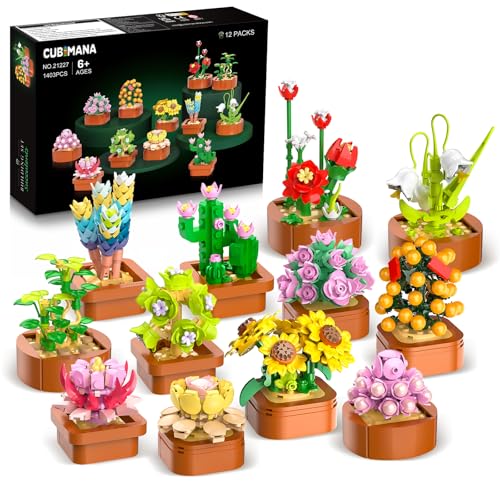 12 Blumen Sukkulenten Mini Bausätze – 1403 Teilige Botanisches Set, Büro & Heimdekor, Blumenpflanzen, Bonsai Bausteinspielzeug, kreatives Bauprojekt für Erwachsene, Geschenke für Frauen Kinder 10+ von CUBIMANA