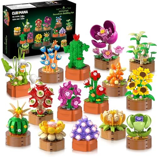 15 Blumen Pflanzen 3.6MM Mini Bausätze Spielzeug – 1314 Stück Sukkulenten Klemmbausteine Set für Büro Heimdekor, Botanical Baustein Kreatives Bauprojekt für Erwachsene, Geschenke für Frauen Kinder 10+ von CUBIMANA