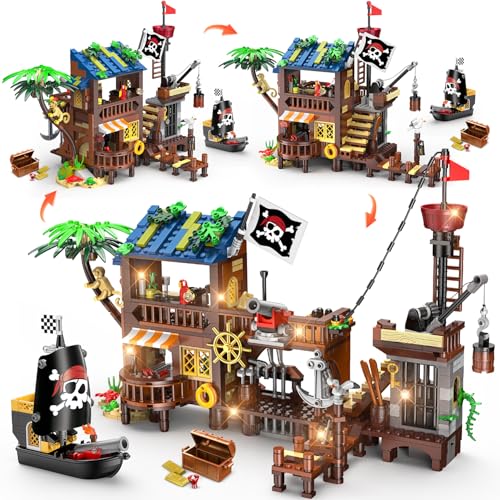 3 Stilmodi Piratenschiff Wharf Bauspielzeug mit LED Licht – 781Teile Mittelalterliches Piratenhaus Klemmbausteine Bausteinset, STEM Architektursteine Geschenk Set für Kinder Mädchen Jungen 6-12+ von CUBIMANA