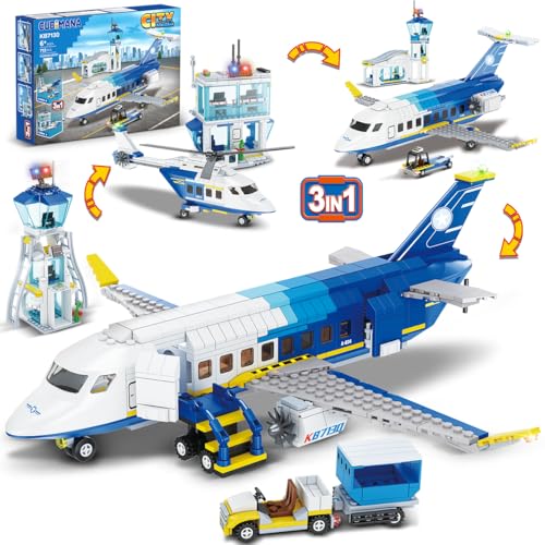 CUBIMANA City Passagierflugzeug Baukasten Set, 3 IN 1 Flugzeug Baukasten mit Terminal, Radarturm, Gepäckwagen Flugzeuge Modell Bausteine Spielzeug Geschenk für Jungen Mädchen Kinder 6 7 8 9+ Jahre alt von CUBIMANA