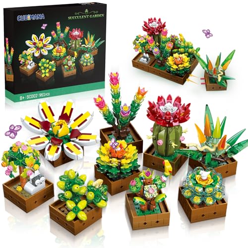 CUBIMANA 9 Blumen Sukkulenten Bausatz, 951 Stück Pflanzen Botanische Collection Künstliche Pflanze Set Bausteinspielzeug für Zuhause Haus Raumdekor Geburtstag Geschenk für Erwachsene Frauen Kinder 8+ von CUBIMANA