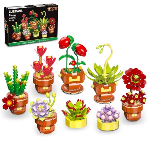 8 Blumen Sukkulenten kleine Pflanzen Baukästen - 1234-teiliges Botanisches Set Topfpflanzen für Blumenliebhaber, BonsaiBaum Bausteinspielzeug Flora Kaktus Bauprojekt Geschenke für Erwachsene Mädchen von CUBIMANA