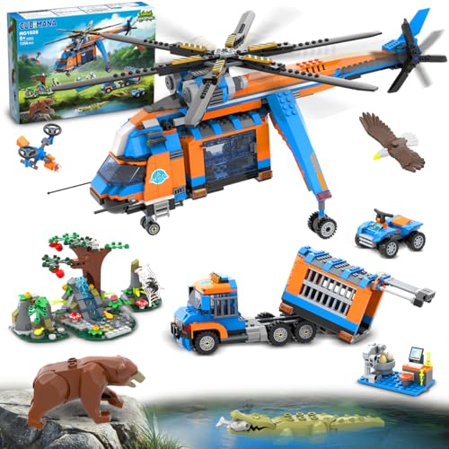 CUBIMANA City Jungle Adventurer Helikopter-Bauspielzeug – 1356-teiliges Truck-Abenteuer-Bauset mit Auto Krokodil Braunbär Wildtier-Rettungsblöcken Spielset Geschenk für Kinder Jungen von 6–12 Jahren von CUBIMANA