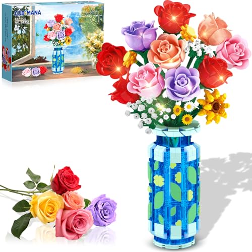 CUBIMANA Rosen-Blumen-Bausatz mit Vase und LED-Licht, 16 Mini-Blumensträuße, botanisches Bausteinspielzeug, Ostern für Erwachsene und Kinder, künstliche Blumen als Heimdekoration und Ausstellung von CUBIMANA