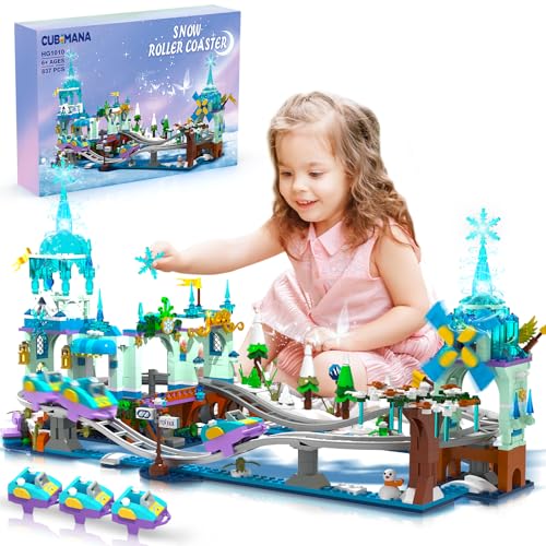 CUBIMANA Frozen Achterbahn Baukasten mit LED Licht - 837 Stück City Schnee Vergnügungspark Achterbahn Bauklötze Windmühle, Skigebiet Spielzeug Geburtstags Geschenk für Kinder Mädchen Jungen Alter 6+ von CUBIMANA