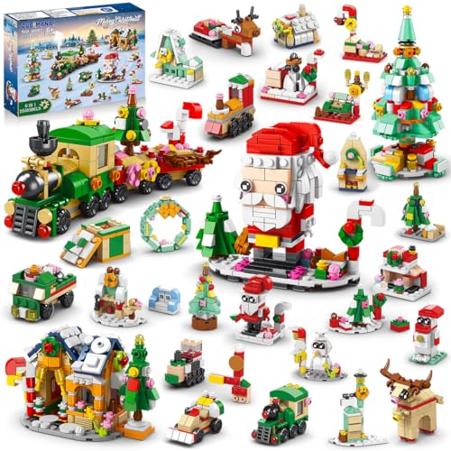 CUBIMANA 24er-Pack Weihnachtsbausätze mit LED-Licht – 2024 Weihnachtsspielzeug für Kinder, Weihnachtsmann-Baumzug 6-in-1 Bausteine 1122-teiliges Spielset 28 Modelle Partygeschenke Jungen Mädchen 6-12 von CUBIMANA