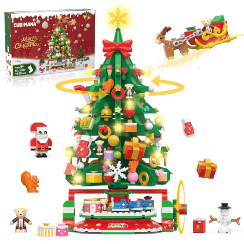 CUBIMANA Rotierender Weihnachtsbaum Mini Bausatz mit LED Licht - 1145 Stück Weihnachts Bauset mit Weihnachtsmann, Schneemann, Zug, 2024, für Erwachsene und Kinder ab 10 Jahren von CUBIMANA