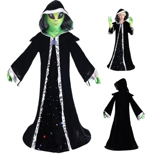 Alien Costume Kids Kids Halloween Alien Outfit beinhaltet Kapuze Alien Robe, Handschuhe ＆ Außerirdische Maske, Halloween-Kostüme für Kinder 10-12 Trep Play, Cosplay, Karneval ＆ Halloween Decorations von CUCUFA