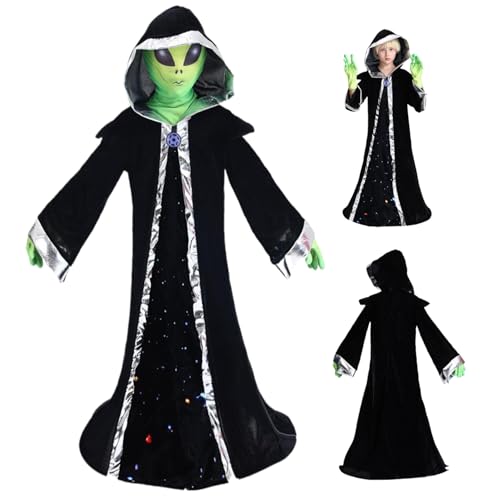 Alien Kostüm Kids Halloween Alien Outfit beinhaltet Kapuze Alien Robe, Handschuhe ＆ Außerirdische Maske, Halloween-Kostüme für Kinder 4-6 Trep Play, Cosplay, Karneval ＆ Halloween Decorations S, Alien von CUCUFA