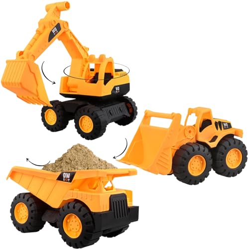 CUCUFA 3PCS/Set Toy Cars Sturdy Smoothed Strand Sandspielzeug mit beweglichen Trägheitsteilen orangefarbene Bauwagen umfassen Bagger, Bulldozer, LKW-Geschenk (groß), LKW-Spielzeug von CUCUFA