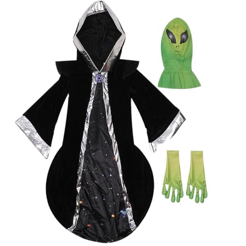 CUCUFA Alien Kostüm Kids Halloween Alien Outfit beinhaltet Kapuze Alien Robe, Halloween Kostüme für Kinder L, Alien Maske von CUCUFA