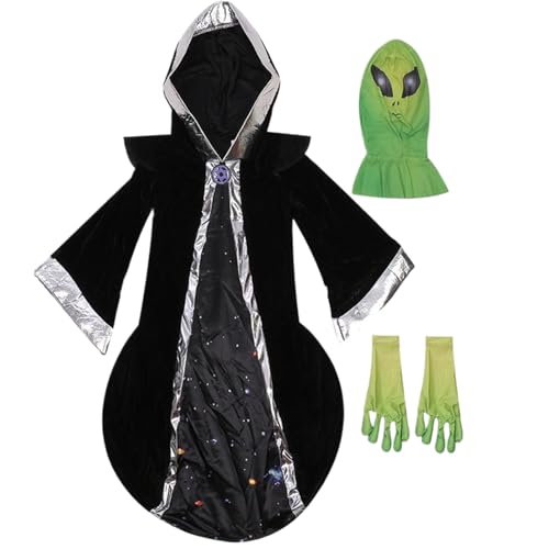 CUCUFA Alien Kostüm Kids Halloween Alien Outfit beinhaltet Kapuze Alien Robe, Halloween Kostüme für Kinder M, Alien Maske von CUCUFA